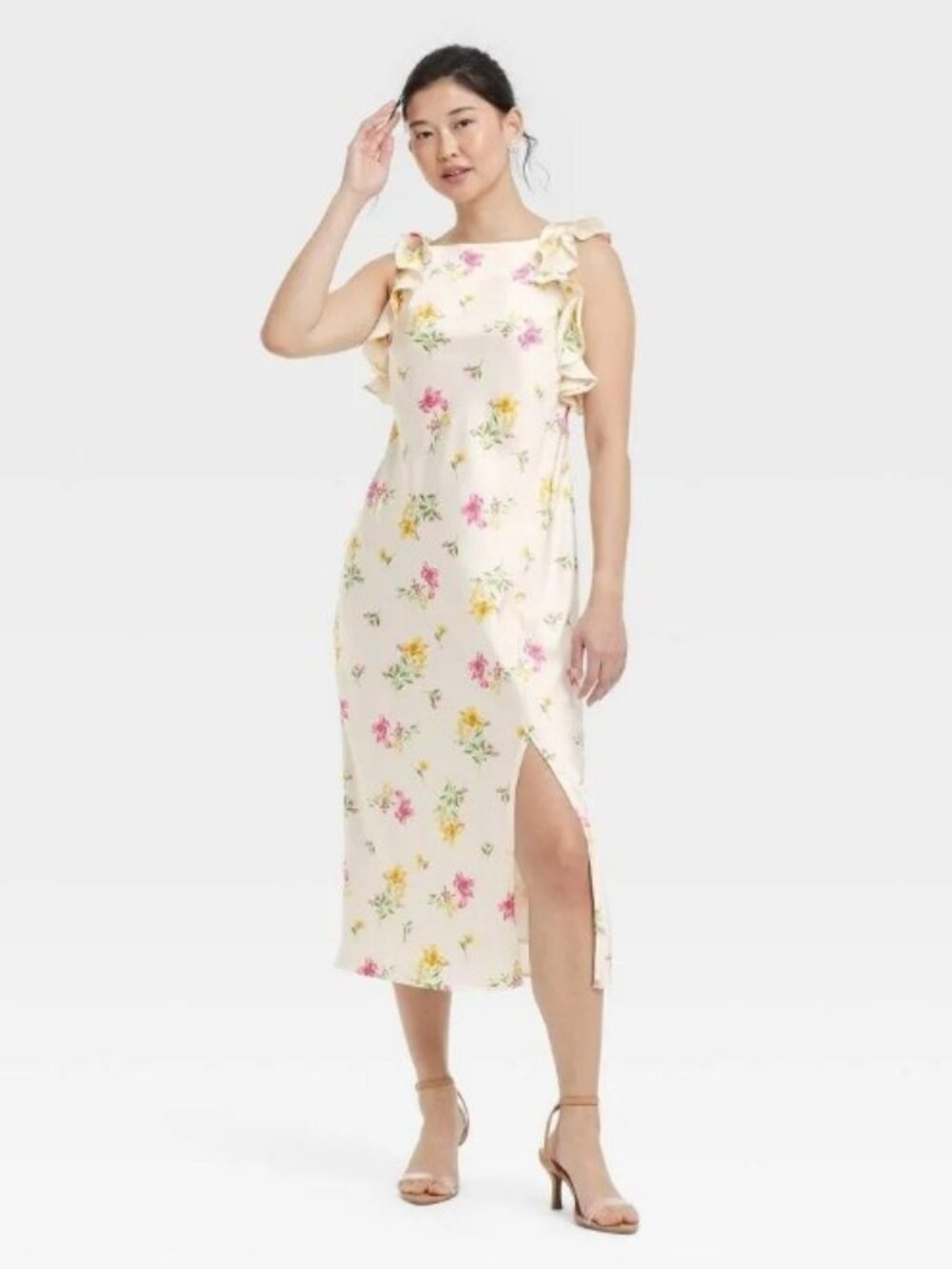 A New Day Cream Floral Ruffle Sleeve Satin Maxi Dress